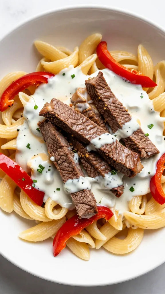 Pasta bowl with steak strips, sautéed peppers, and ranch sauce