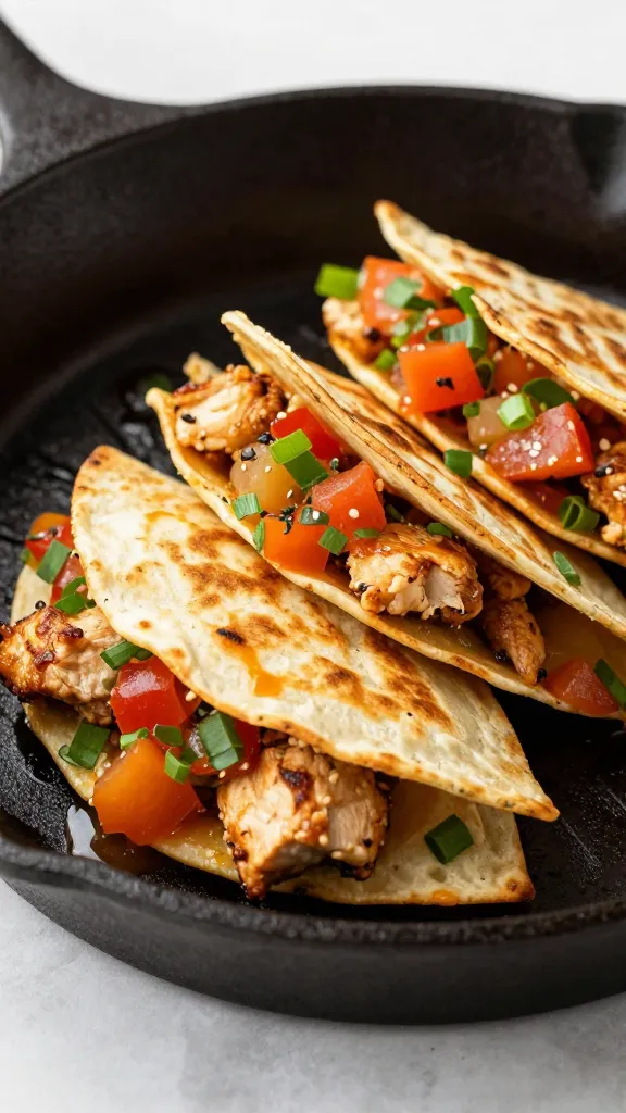 Chicken quesadillas with salsa on cast-iron skillet