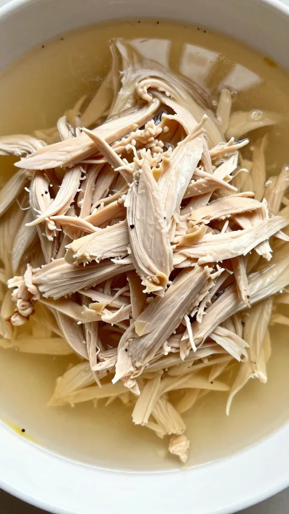 Shredded leftover chicken tossed with broth in bowl