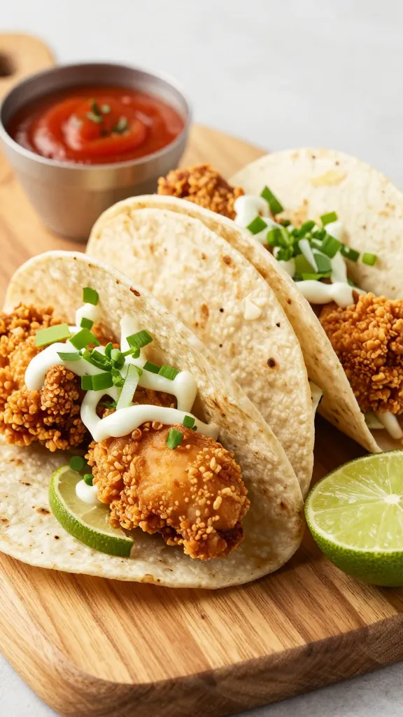 Crispy chicken tacos with lime on wooden board