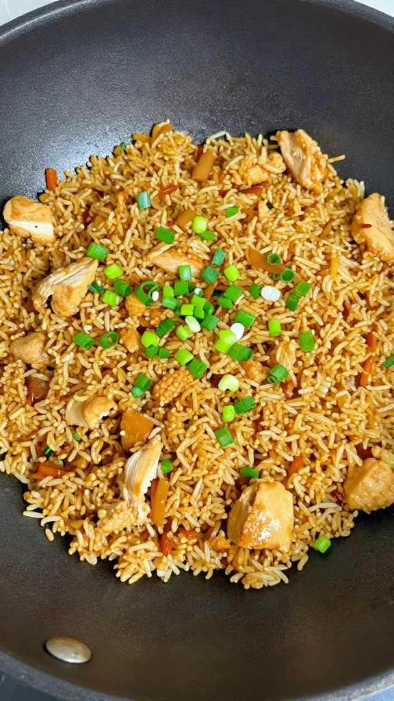 Chicken fried rice in wok, green onions garnish