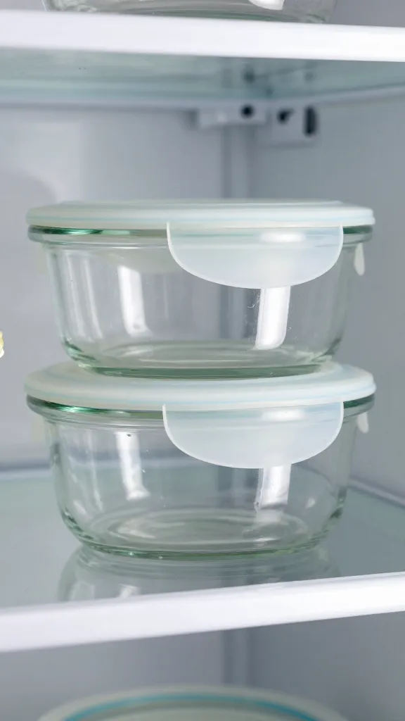 Airtight glass container with silicone seal, fridge shelf close-up