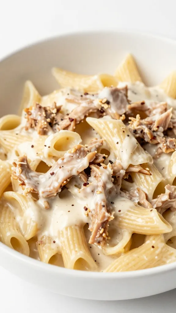 creamy pulled pork pasta in white bowl