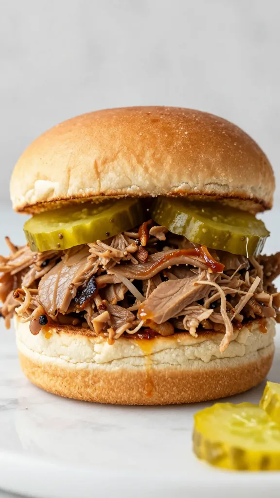 pulled pork sliders with pickles on brioche buns