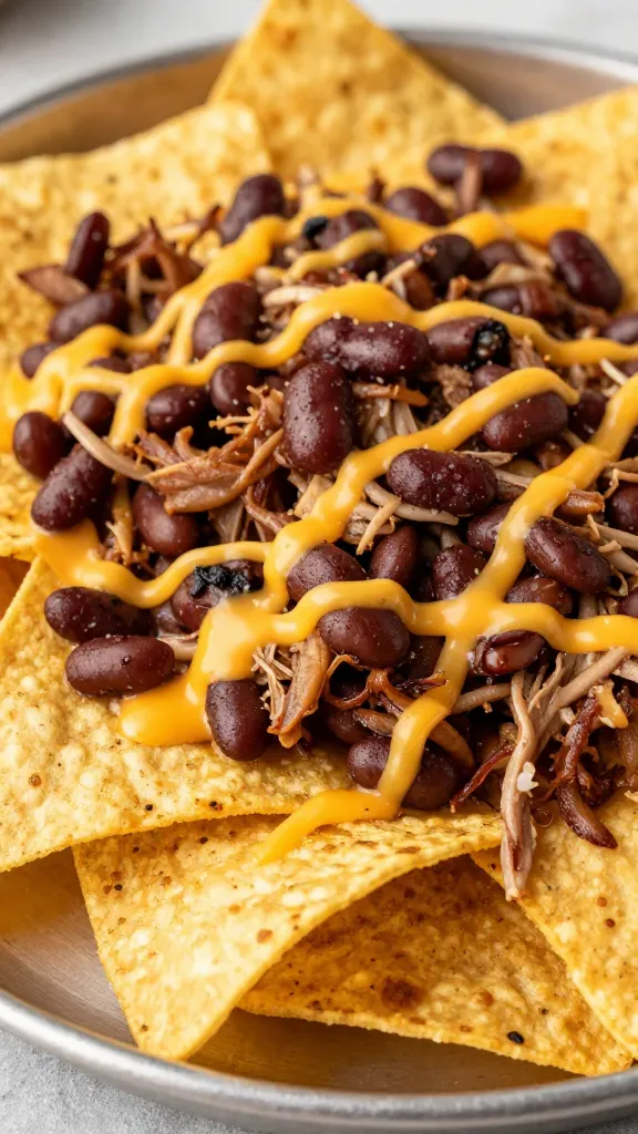 pulled pork nachos with beans and cheddar cheese