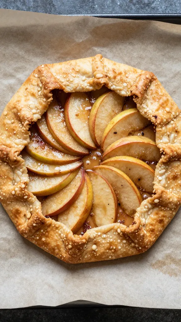 cinnamon apple galette on parchment, overhead