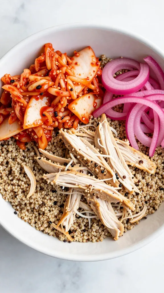 quinoa bowl with shredded chicken, kimchi, pickled onions