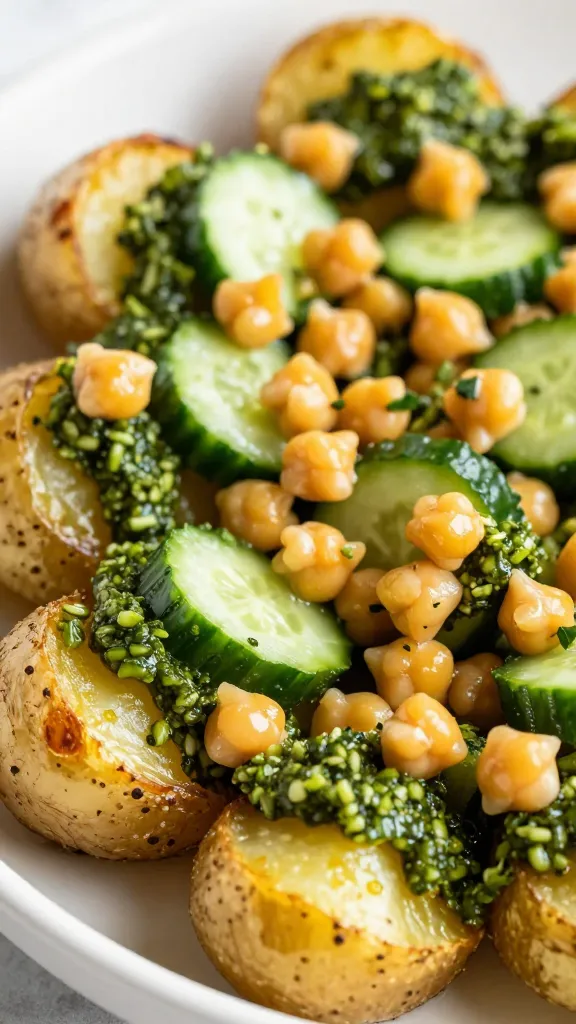 roasted potatoes topped with pesto, chickpeas, cucumbers