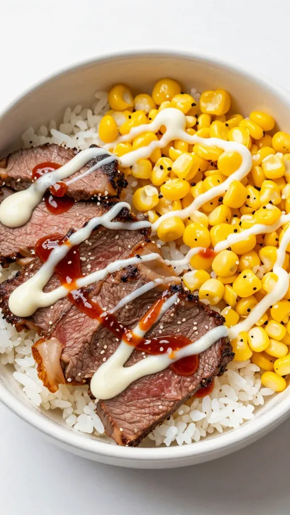 rice bowl with steak slices, corn, sriracha mayo drizzle
