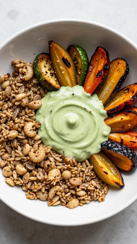 farro bowl with roasted veggies, tahini-lemon sauce