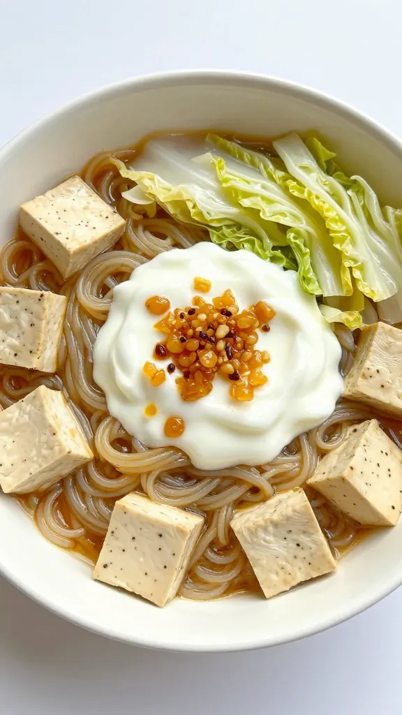 soba noodles with tofu, cabbage, yogurt-garlic sauce