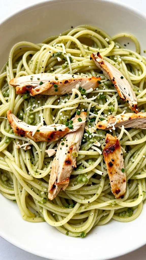 Chicken pesto pasta with shredded rotisserie chicken