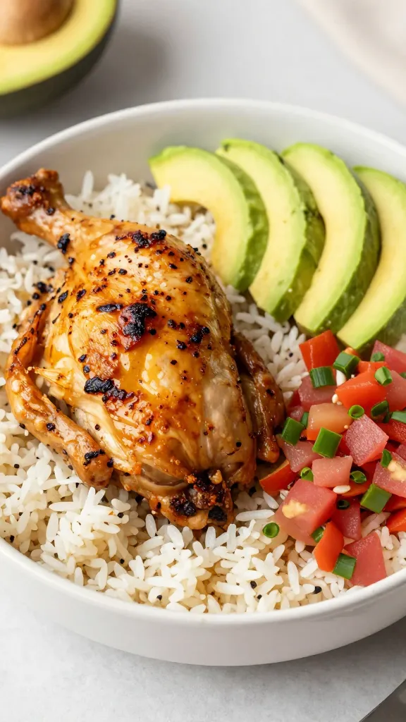 Rice bowl with rotisserie chicken, avocado, and salsa