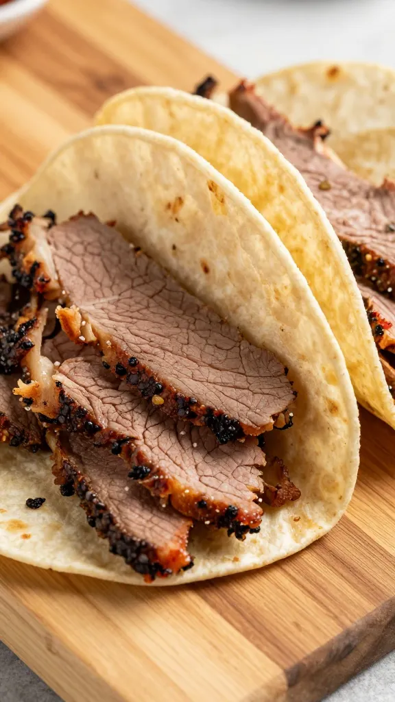 Sliced roast beef repurposed into tacos on wooden board