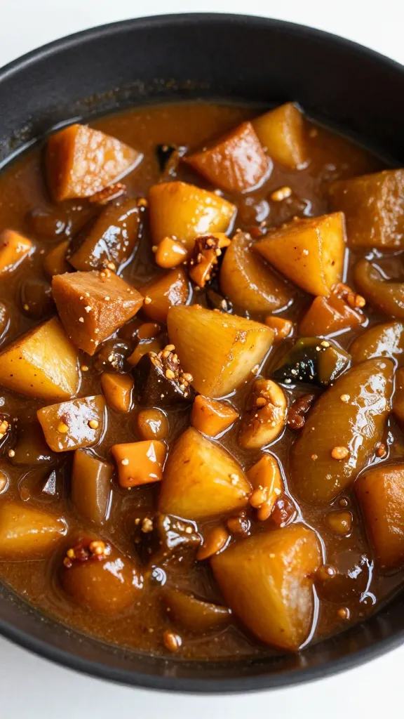 Reheated stew in black bowl, visible rich caramelized veggies