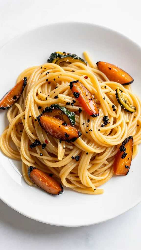 Pasta tossed with leftover roasted vegetables, white ceramic plate
