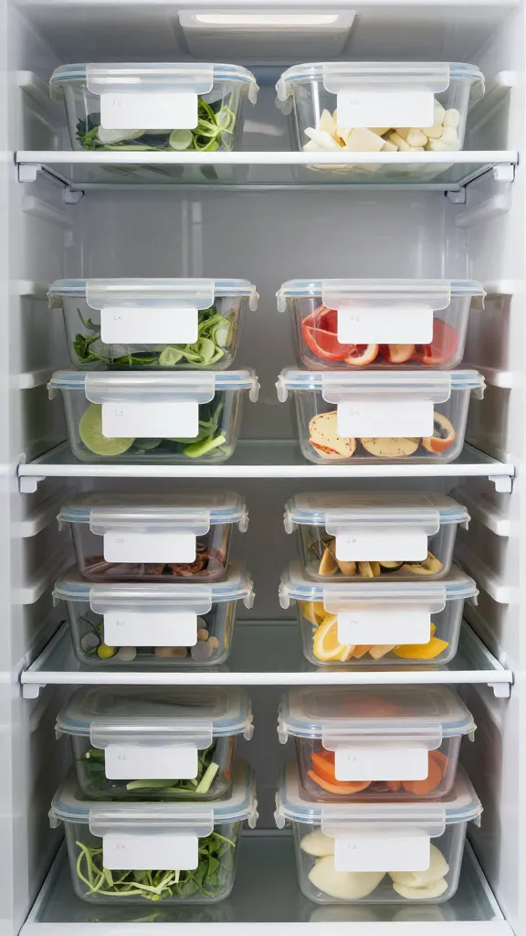 Meal prep containers with dated labels, tidy refrigerator door shelves
