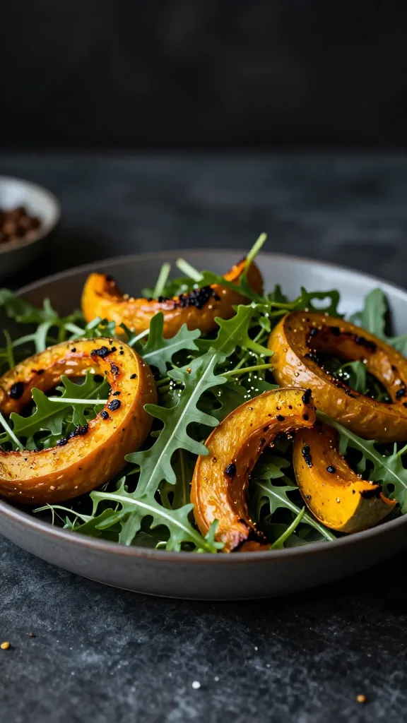 Roasted squash and arugula salad, moody studio lighting