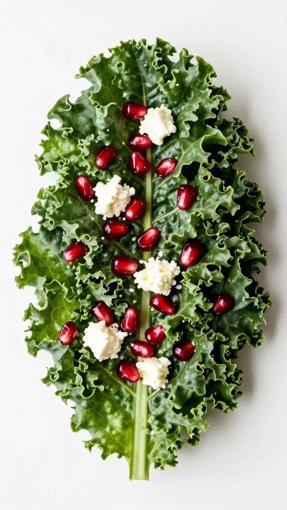 Baby kale with pomegranate arils and feta, overhead