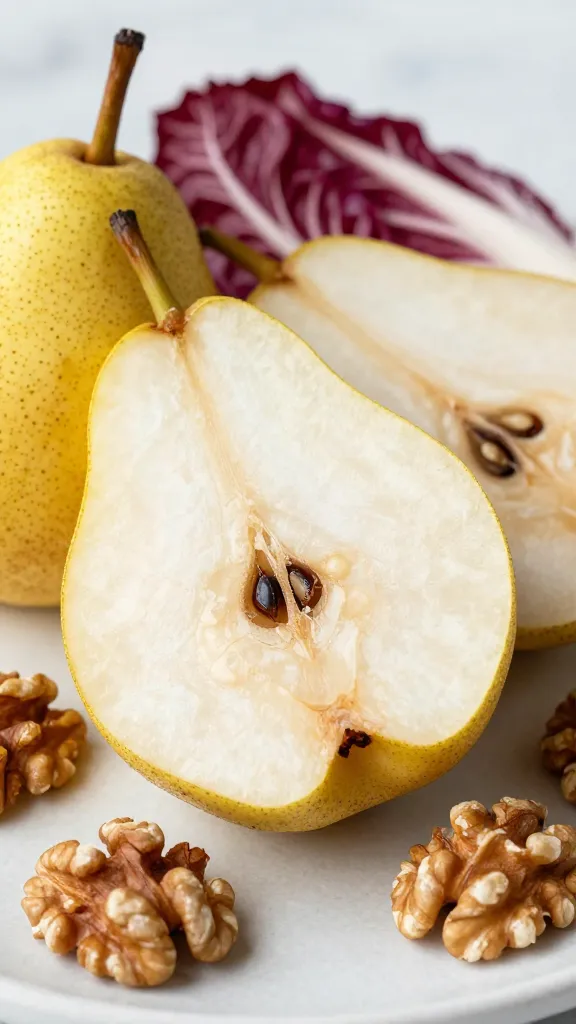 Sliced pears on radicchio with walnuts, natural light