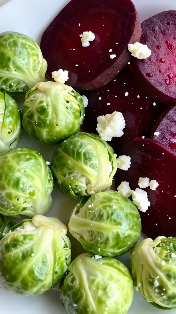 Brussels sprouts and beet salad with goat cheese, close-up