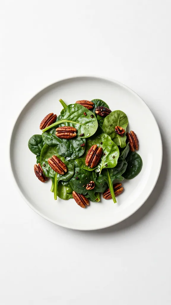 Spinach with roasted grapes and toasted pecans, minimalist plate