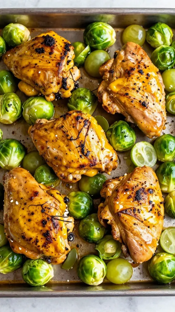 Maple-mustard chicken thighs with Brussels and grapes, sheet pan
