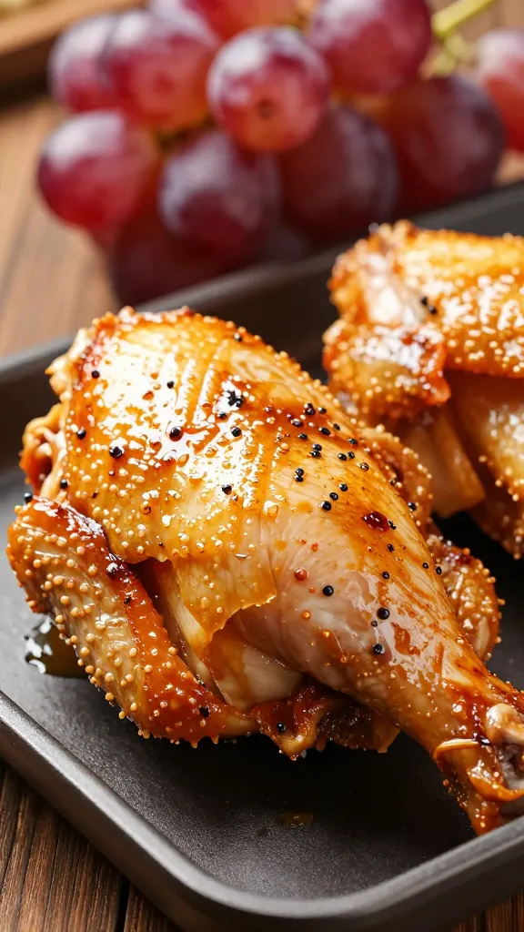 Lacquered chicken skin close-up, burst red grapes, roasting tray