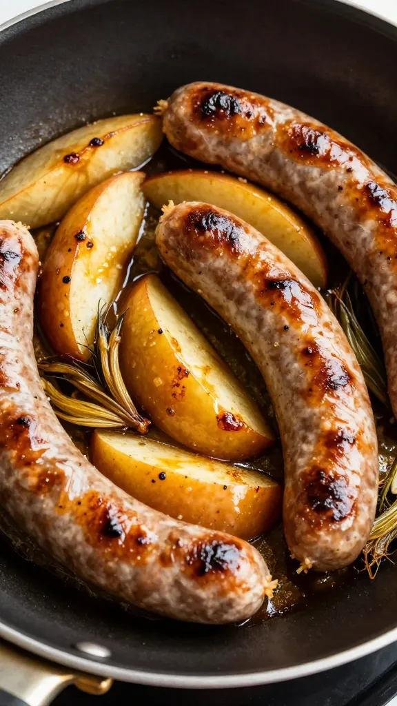 Italian sausage with apples and fennel, caramelized on pan