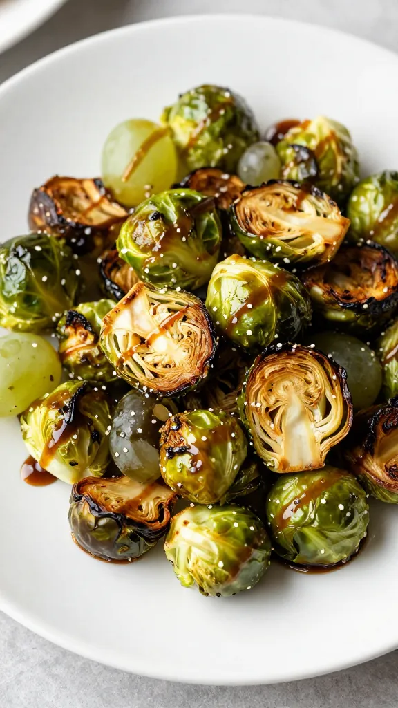 Roasted Brussels sprouts and grapes, maple glaze drizzle