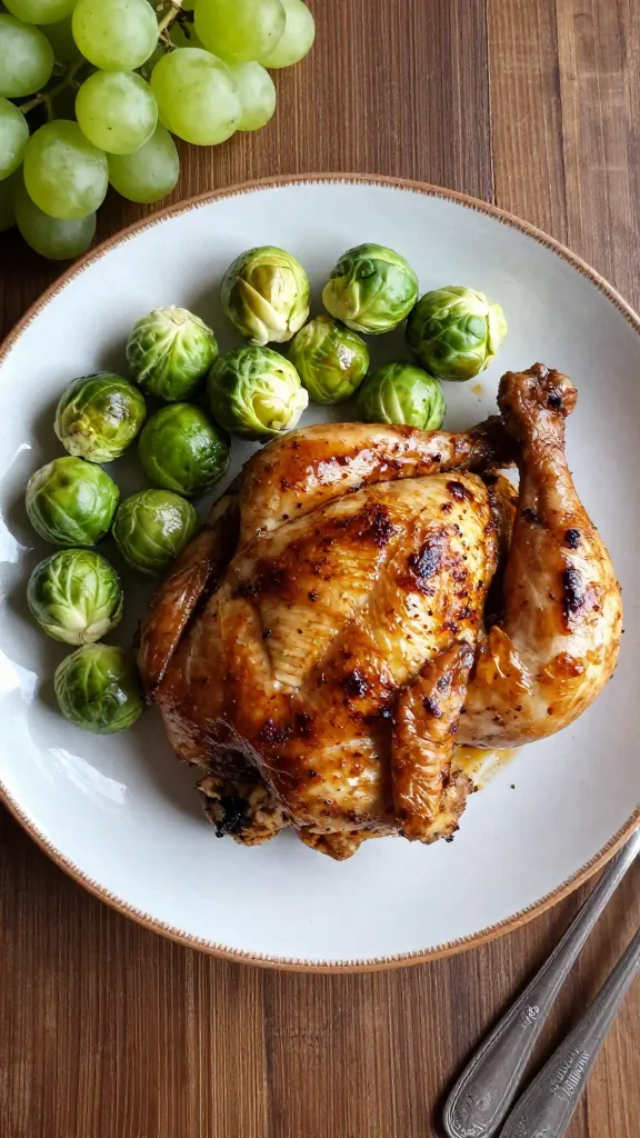 Cozy autumn dinner plating: chicken, Brussels, grapes, rustic plate