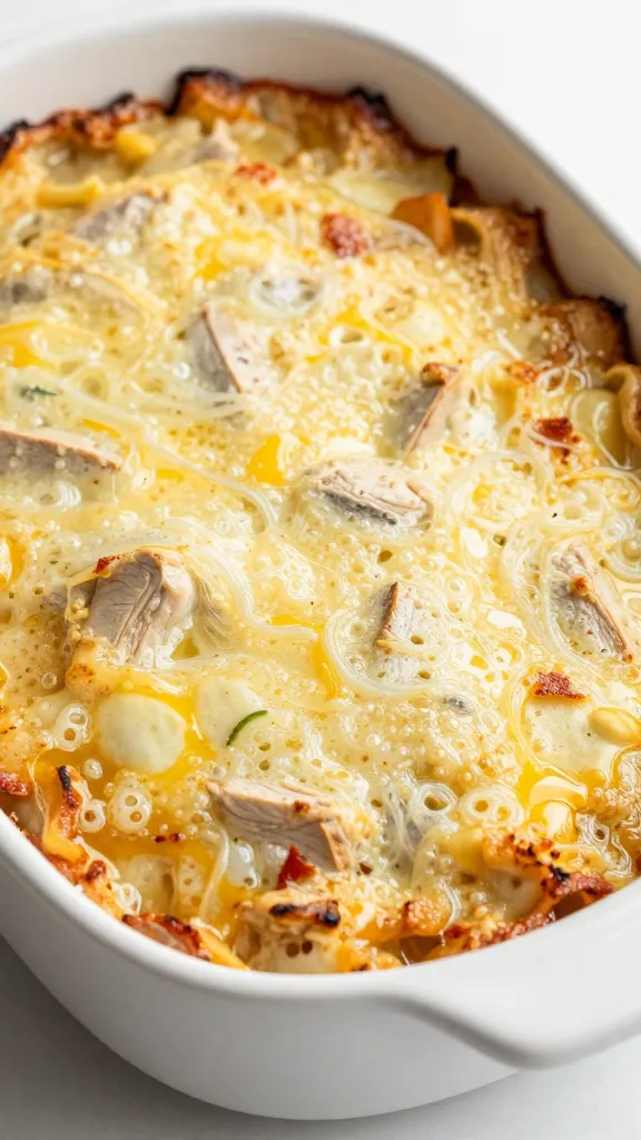 bubbling turkey casserole in white ceramic dish