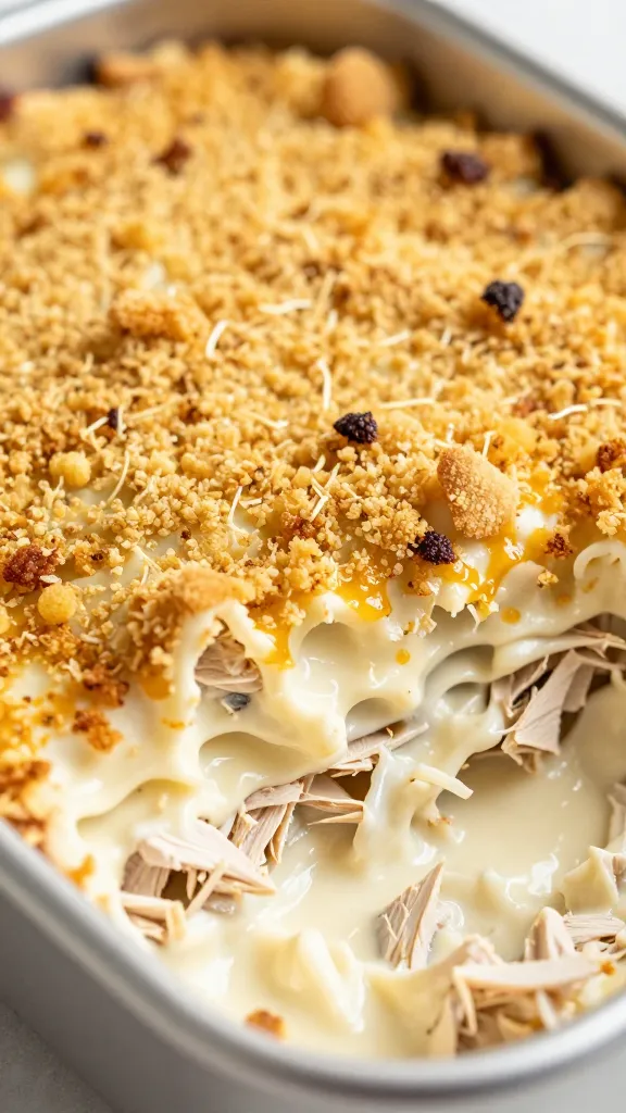 golden breadcrumb topping on creamy turkey bake