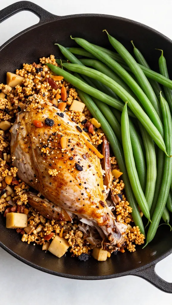 leftover turkey, stuffing, green beans in skillet