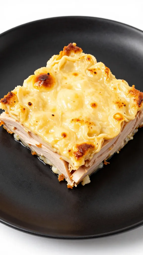 sliced turkey casserole square on matte black plate