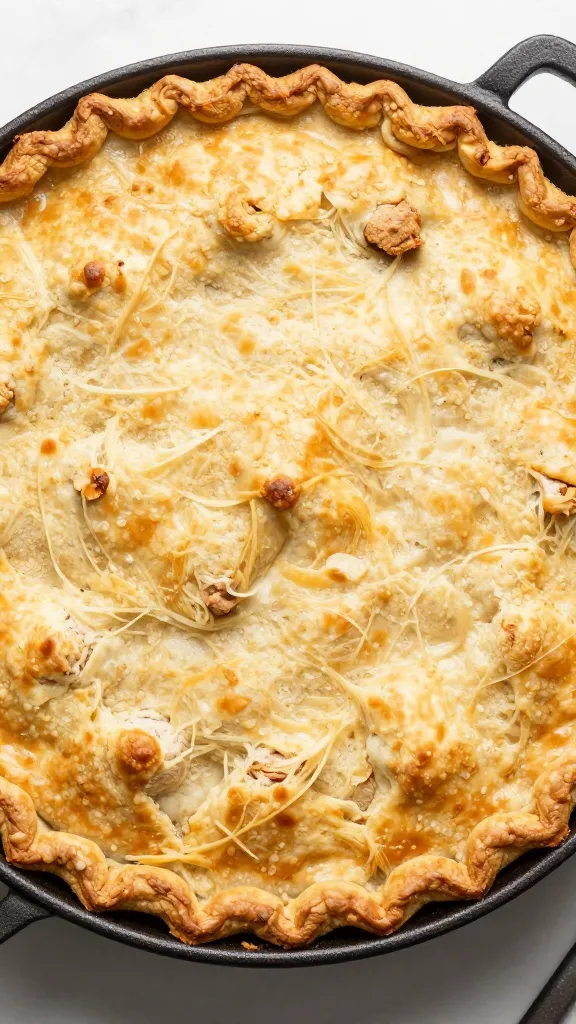 Skillet turkey pot pie with golden drop biscuits, overhead