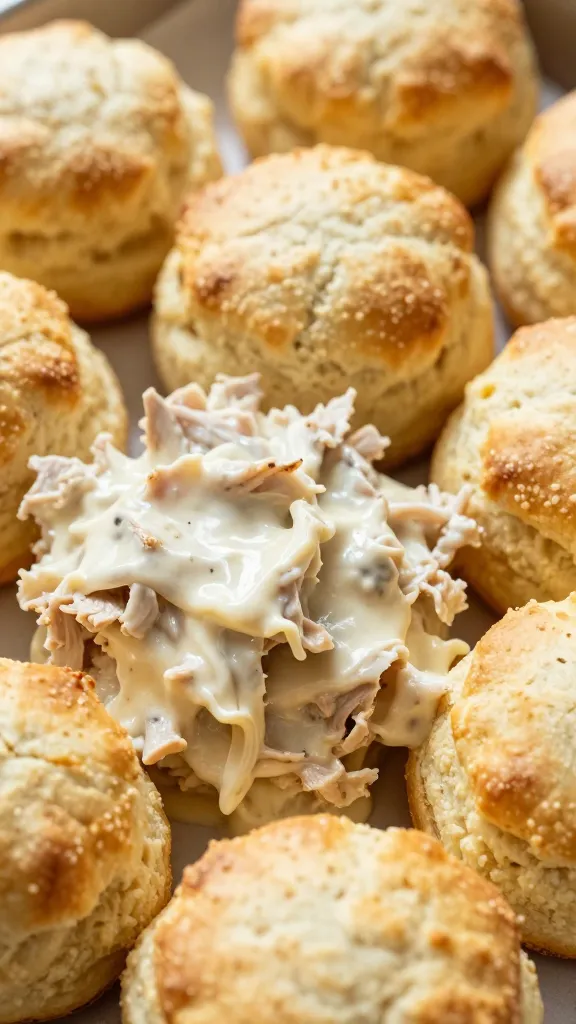 Creamy turkey filling bubbling under flaky biscuits, close-up