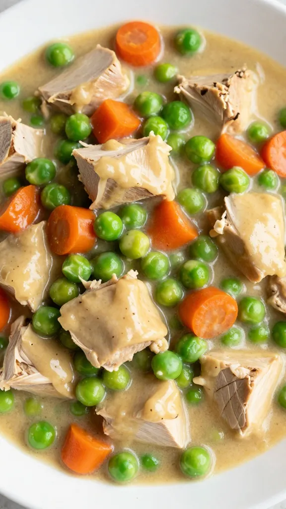 Leftover turkey chunks with peas and carrots in gravy