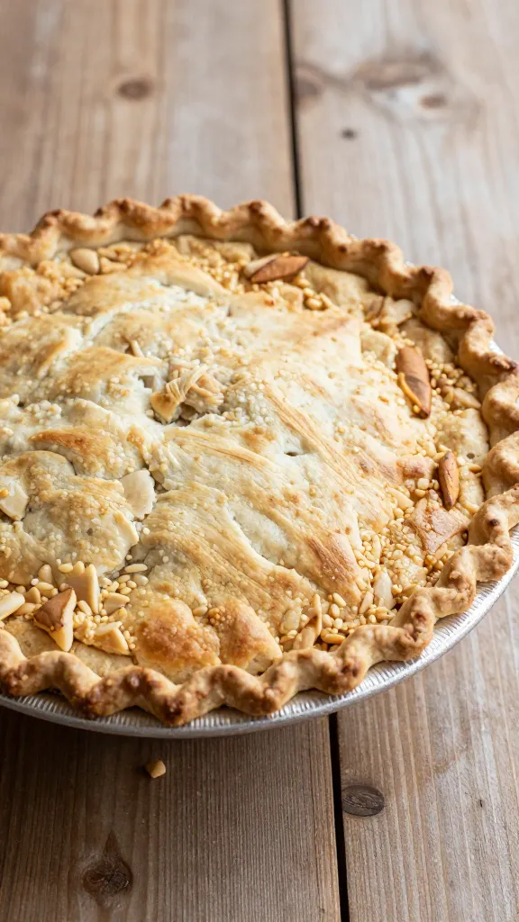 Rustic biscuit-topped turkey pie on wooden table, natural light