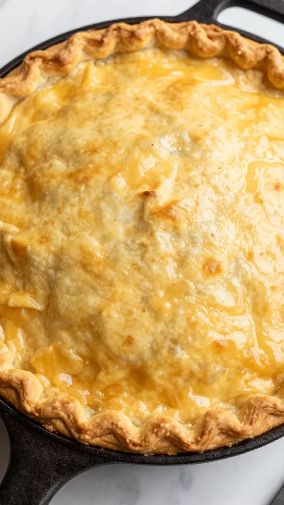 golden turkey pot pie with flaky crust on cast-iron