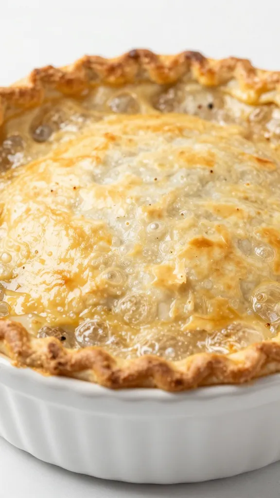 bubbling turkey pot pie in white ceramic dish