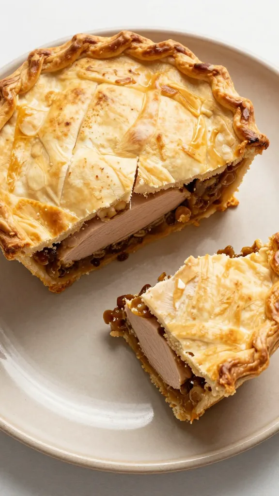 overhead slice of turkey pot pie on stoneware plate