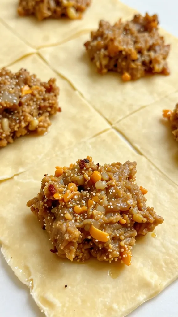 raw puff pastry sheet over turkey filling, close-up