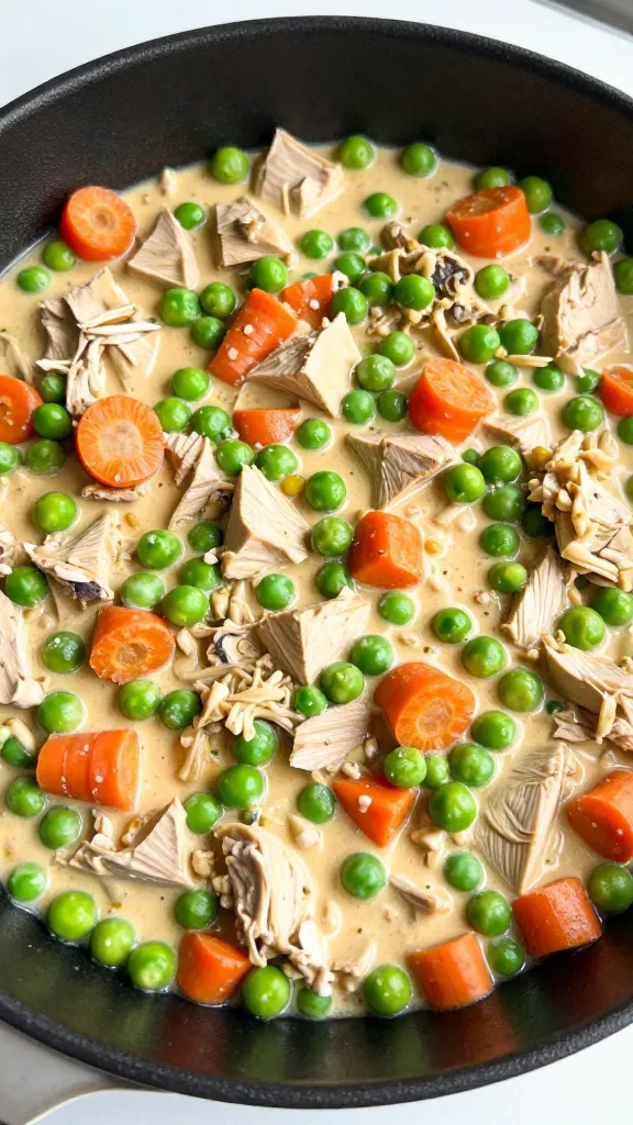 creamy turkey filling with peas and carrots in skillet