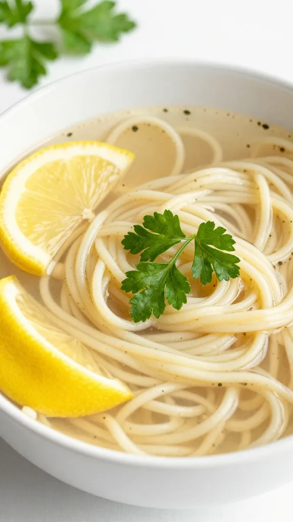 turkey noodle soup in white bowl, lemon wedge, parsley
