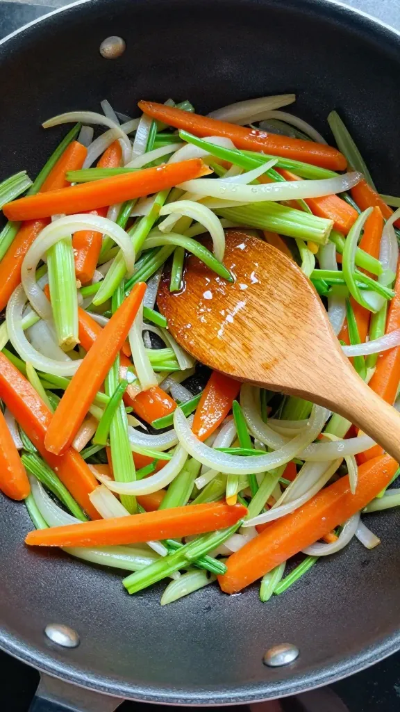 sautéed onion carrot celery in skillet, wooden spoon