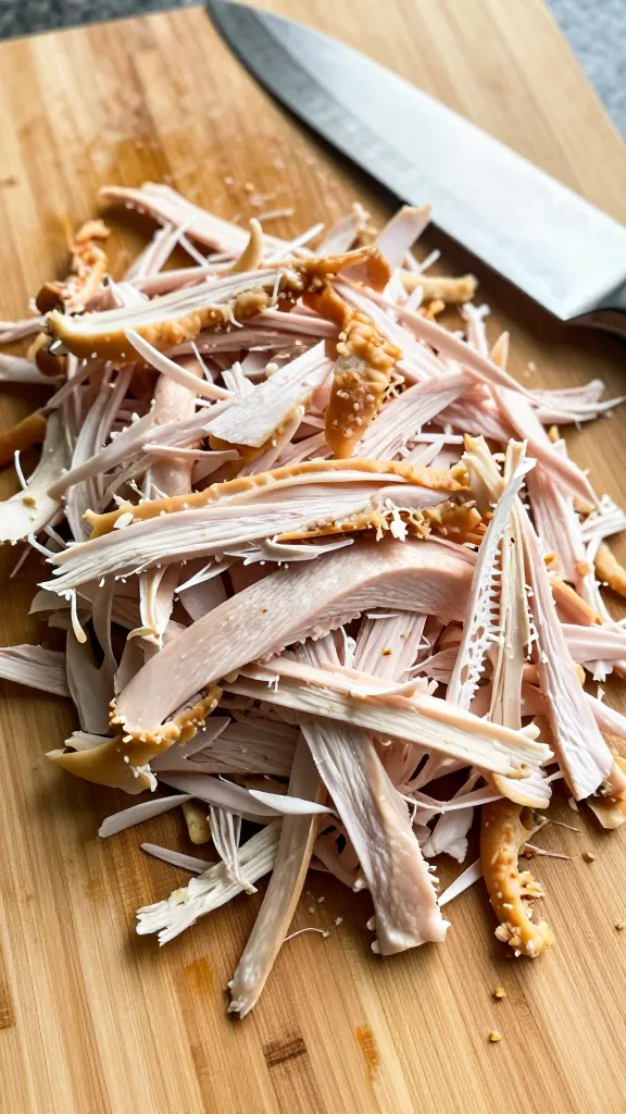 shredded leftover turkey on cutting board, chef knife