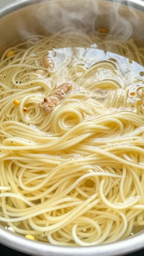 egg noodles added to boiling turkey broth, steam rising