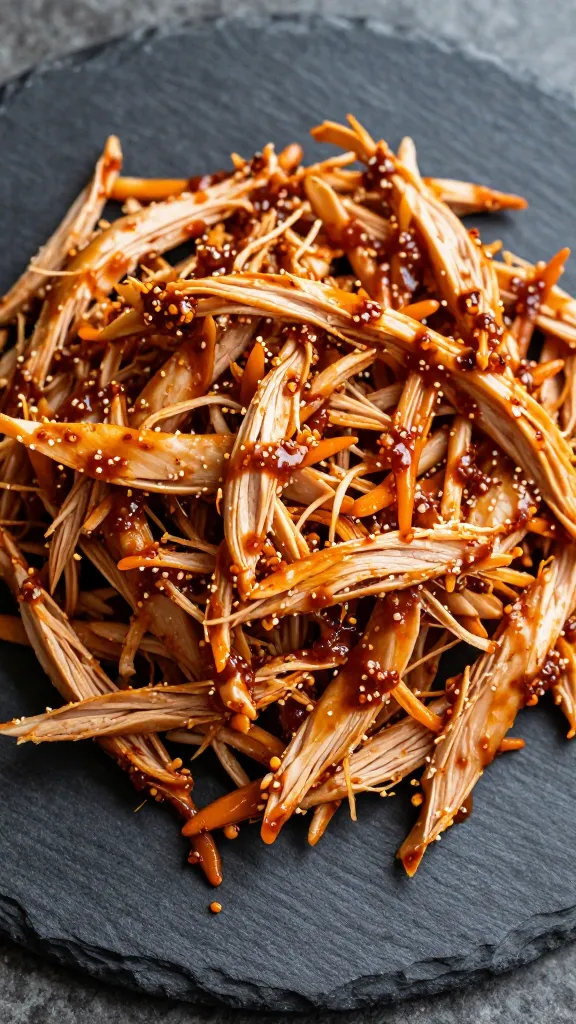 Shredded turkey tossed in chipotle sauce, dark slate plate