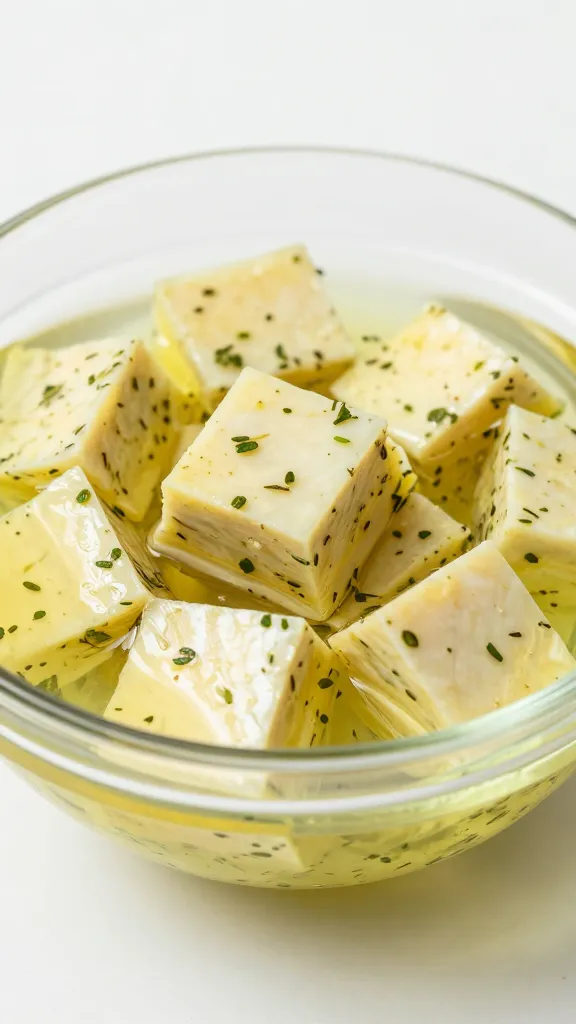 Turkey cubes in lemon herb vinaigrette, glass bowl